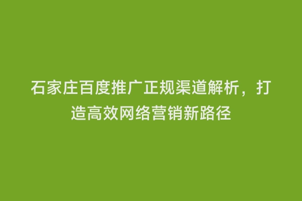 石家庄百度推广正规渠道解析，打造高效网络营销新路径