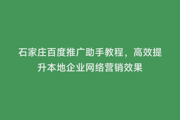 石家庄百度推广助手教程，高效提升本地企业网络营销效果